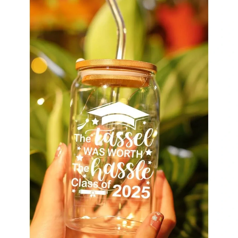Graduate Nutrition Facts Glass Can with‎ Straw Class of 2025 Gift for Graduation